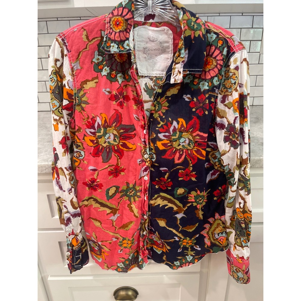 Cino Button Down Shirt Womens XS Blue Floral Cotton Long Sleeve Blouse